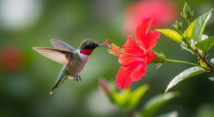 Obraz premium Hummingbird in Flight: Capture a stunning moment as a vibrant hummingbird delicately hovers near a radiant red flower, its beak gently immersed in search of sweet nectar.