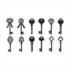 Antique Key Silhouettes Set – Medieval and Modern Vintage Key Shapes Vector Collection