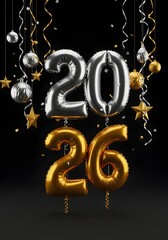 metallic "20" and golden "26" number balloons with stars and streamers on a black background, perfect for New Year's Eve celebrations and party designs.

