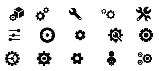 Setup and Settings Icons Set. Collection of simple linear web icons such Installation, Settings, Options, Download, Update, Gears and others and others. Editable vector stroke.