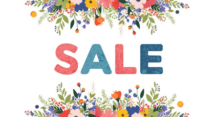 Vibrant 'SALE' text with a distressed look, framed by lush spring flowers and leaves, ideal for retail promotions and seasonal discounts.