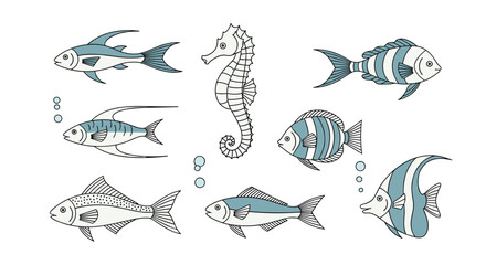 Fototapeta premium A delightful collection of hand-drawn cartoon fish and a seahorse in various styles and shapes, perfect for marine life designs.