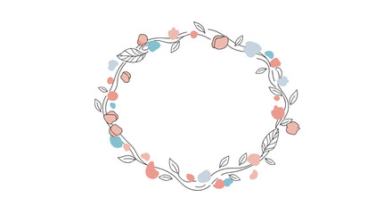 Delicate hand-drawn floral wreath with pastel pink and blue accents, perfect for invitations and romantic designs.