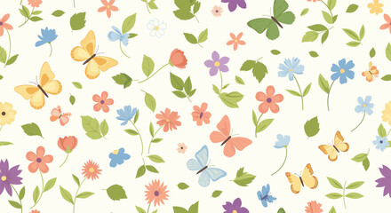 Naklejka premium Seamless pattern showcasing an array of colorful butterflies, vibrant spring flowers, and lush green leaves on a light cream background.