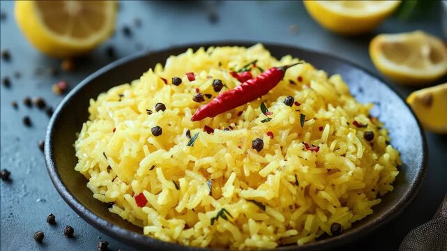 Bowl of yellow rice with red peppers and peppercorns. Indian food with lemon slices. Lemon zest on the side for garnish.