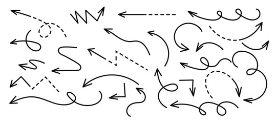 Set of multidirectional arrows hand drawn on white background
