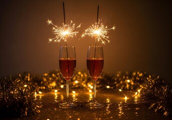 Two glasses of champagne with sparklers on a glittering gold surface, perfect for New Year's Eve, celebrations, and festive party designs.


