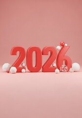 Bold red 3D numbers "2026" on a soft pink background with white spheres, perfect for New Year, future, and modern celebratory design concepts.


