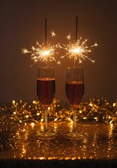 Two glasses of champagne with sparklers on a glittering gold surface, perfect for New Year's Eve, celebrations, and festive party designs.

