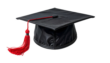 Square black cap with a red tassel, isolated on black background, angled view