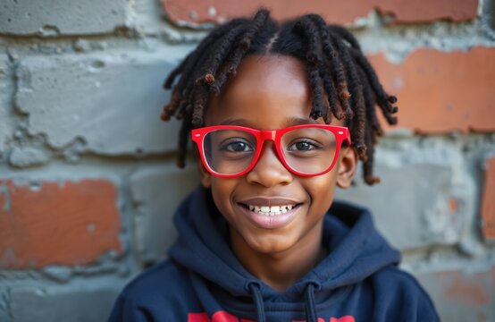 Close up portrait of cute African American boy. Smiles wearing red eyeglasses. Child with dreadlocks looks happy, confident against brick wall. Young kid shows healthy eyes, vision. Youthful male