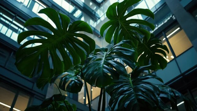 An indoor office atrium with tropical plants and palm trees. The interior design features large windows that allow natural light to flood the space, creating a vibrant and refreshing work environment.