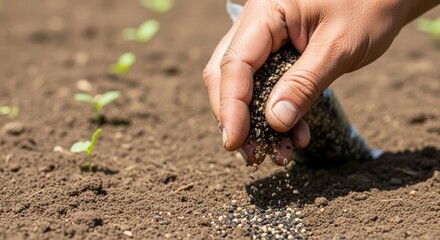 Nurturing Seeds of Growth: A gardener's hand delicately sows seeds into the earth, with a sense of care and hope for a bountiful harvest.