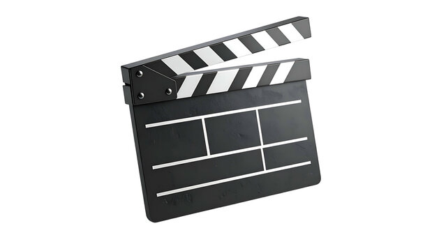 A film clapperboard, black with white stripes, isolated on a stark black background