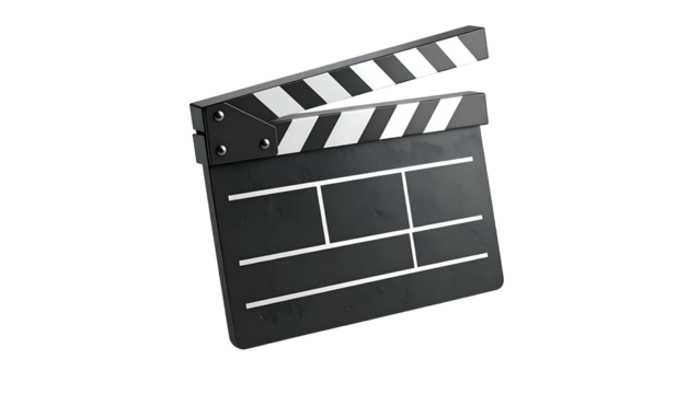 A film clapperboard, black with white stripes, isolated on a stark black background