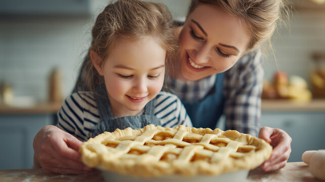 Mother and Daughter Proudly Holding a Homemade Lattice Pie in a Bright Holiday Kitchen Baking Moment - Powered by Adobe