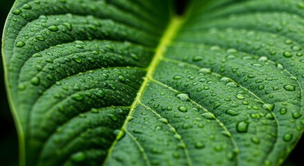 Lush leaf, droplets: A macro perspective unveils a verdant leaf adorned with glistening water droplets, epitomizing the purity of nature.
