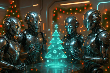 Futuristic AI Robots Celebrating Christmas with Holographic Decorations