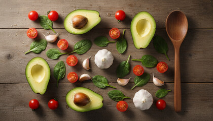 Flat lay knolling of fresh vegetables and avocado on wooden table