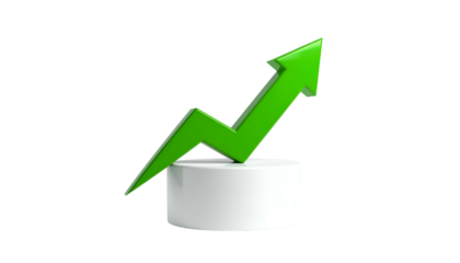 A green, upward-pointing arrow angles atop a white, cylindrical pedestal against black