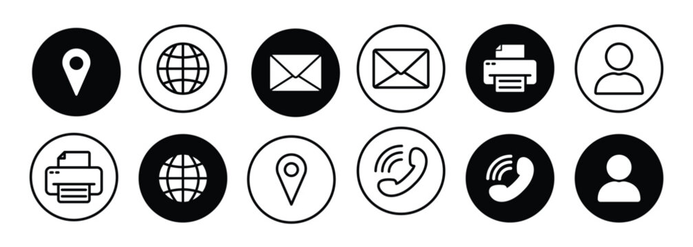 Set of Online Contact Icon. Web Line and Silhouette Icons. Website Black Buttons Symbol of Call, Message. Handset Phone, Email, Man, Pin, Globe, Fax Outline Pictogram. Isolated Vector Illustration.