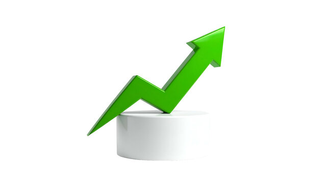 A green, upward-pointing arrow angles atop a white, cylindrical pedestal against black