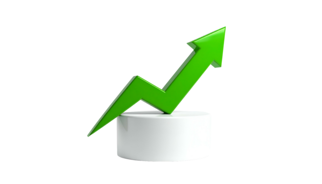 A green, upward-pointing arrow angles atop a white, cylindrical pedestal against black