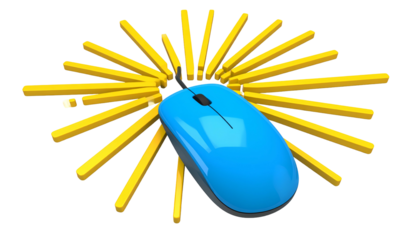 A blue computer mouse with gold pencils radiating from its center on a black background