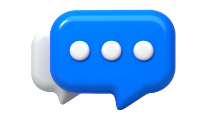 3D rendering of two glossy speech bubbles, one blue & one white, with three dots on blue
