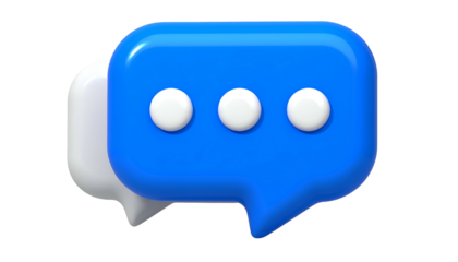 3D rendering of two glossy speech bubbles, one blue & one white, with three dots on blue