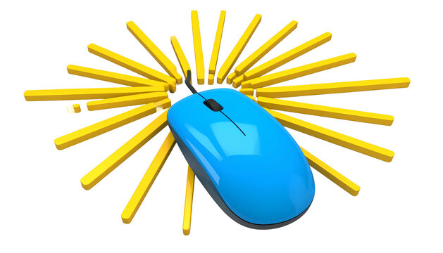 A blue computer mouse with gold pencils radiating from its center on a black background