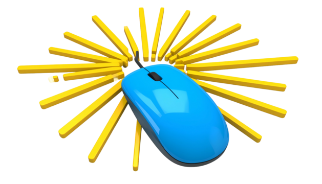 A blue computer mouse with gold pencils radiating from its center on a black background