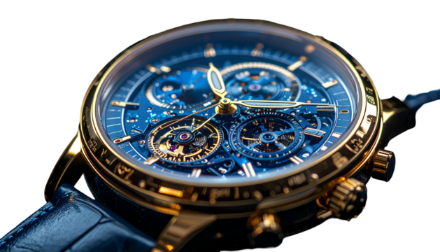 Close-up of a luxury wristwatch with intricate blue and gold details, on black