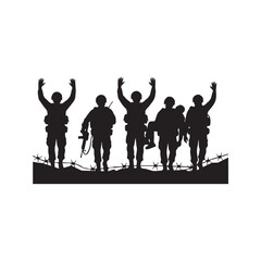 Silhouette of Surrendering Soldiers with Hands Up and Carrying Wounded Comrade Vector
