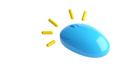 A 3D, shiny blue computer mouse with yellow radiating accents against a black backdrop