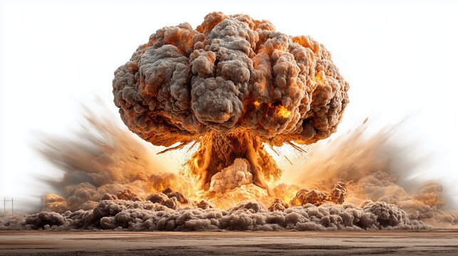 Nuclear Atom Explosion over City, Aerial view Drone view over city, large mushroom cloud, Nuclear explosion above the clouds. 3D Illustration, war or World War III, apocalypse concept. High quality