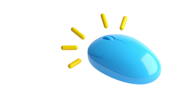A 3D, shiny blue computer mouse with yellow radiating accents against a black backdrop