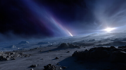 Naklejka premium A hyper-detailed, vibrant, fantastical outer space scene showing dozens of celestial objects and spacecraft at once. Foreground: the Moonâs rocky grey surface with deep craters, as