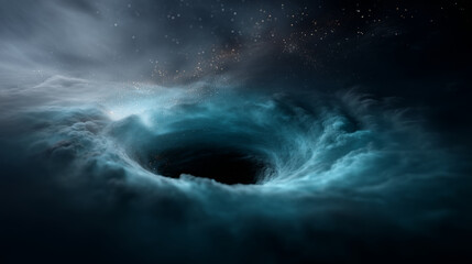 A massive black hole in deep cosmic space, perfectly circular event horizon absorbing all light. Surrounding it a swirling accretion disk made of blue, turquoise and teal cosmic ga