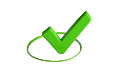 A vibrant, 3D rendered green checkmark inside a matching colored circle on a black backdrop