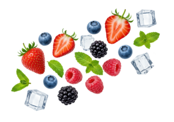 Fresh, vibrant strawberries, blueberries, blackberries, raspberries, mint leaves, and frosty ice cubes float dynamically on a transparent studio background, photorealistic, concept for refreshing