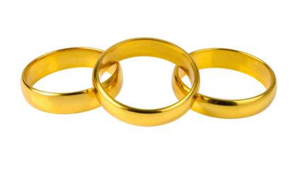 Three golden rings interlocked on a black background, reflecting light