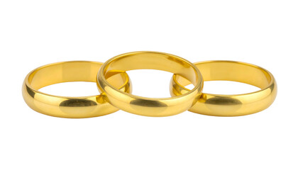 Three smooth, round gold bands, linked together, on a transparent background