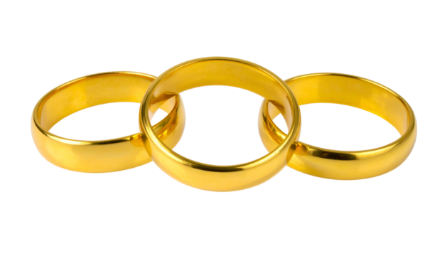 Three golden rings interlocked on a black background, reflecting light