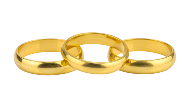 Three smooth, round gold bands, linked together, on a transparent background