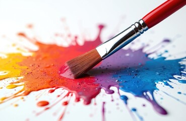 Fototapeta premium Close-up on paint brush with color splash. Art tool used on white surface. Red handle brush leaves colorful paint stain. Art background with creative expression, vibrant colors.