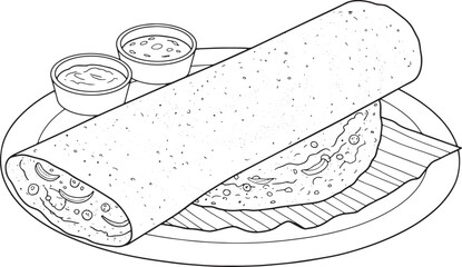 Detailed line art illustration of a crispy dosa with vibrant chu