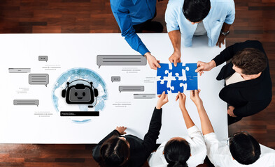 A group of diverse professionals collaborates in a modern office setting, using digital tools and data analytics to solve challenges while engaging in teamwork and creativity. Trope