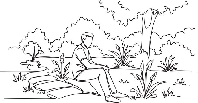 Linear illustration capturing a man seated outdoors amidst seren