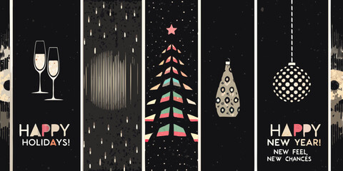 Festive holiday and new year vertical banners with champagne tree and disco ball